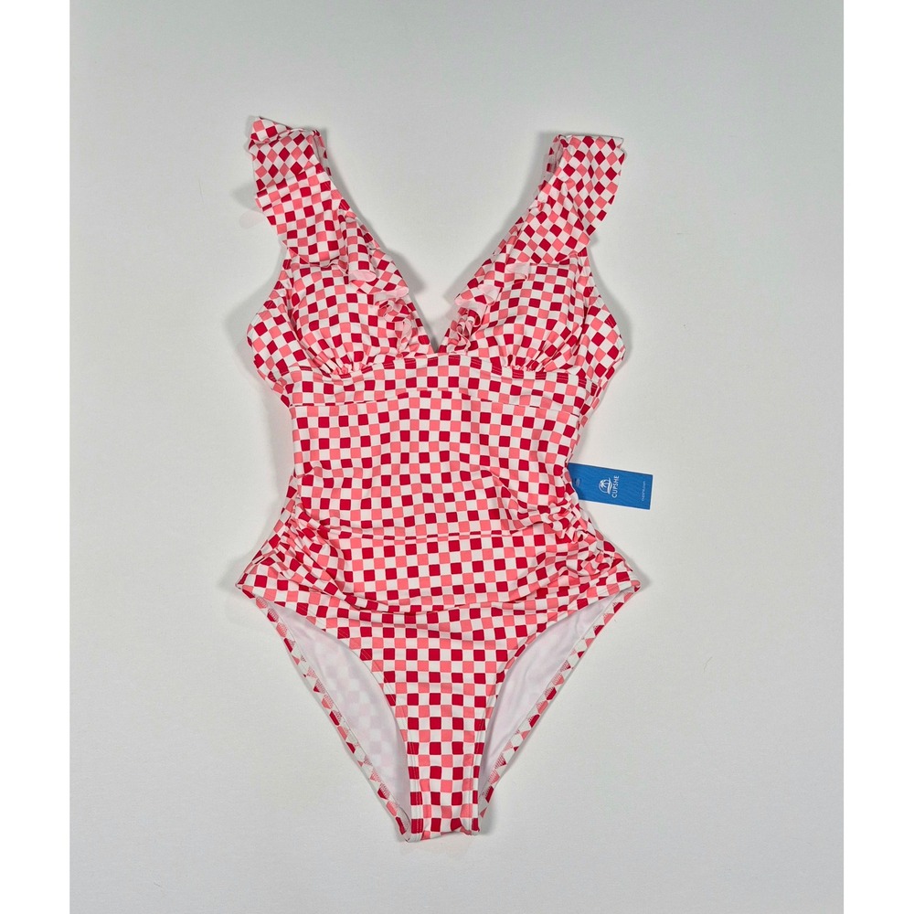 Cupshe Red Pink Checkered V-Neck One Piece Swimsuit Tummy Control NWT Medium